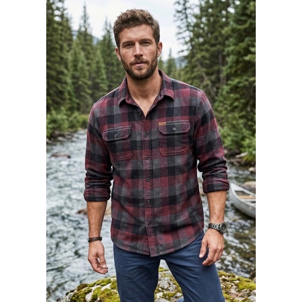 Orvis Mens XXL Flannel Shirt Burgundy Grey Buffalo Plaid Long Sleeve Button Down